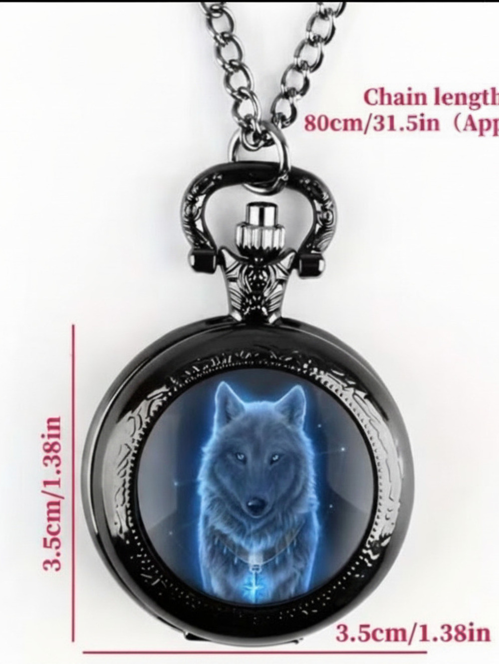 Black Wolf Pocket Watch with Chain and Quartz Movement - Picture 6 of 6